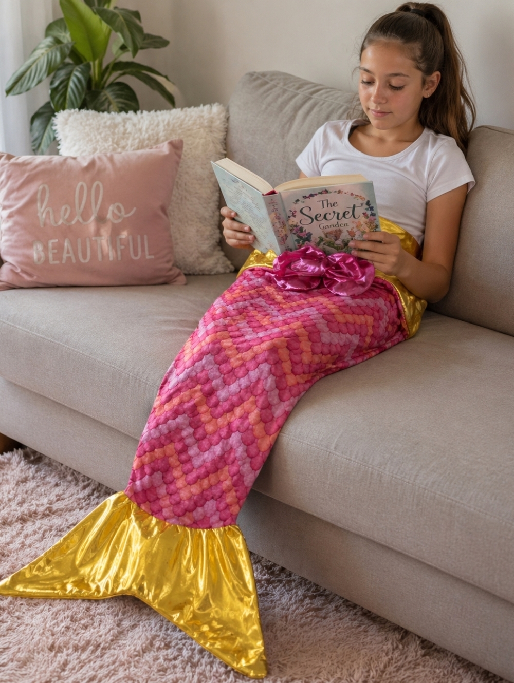 Snuggie Mermaid Tail Blanket 52" | Pink & Yellow | Cozy Lounge Throw